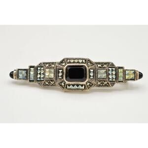 Judith Jack Vintage Pin Brooch Sterling Silver Marcasite Black Onyx Signed BinJ